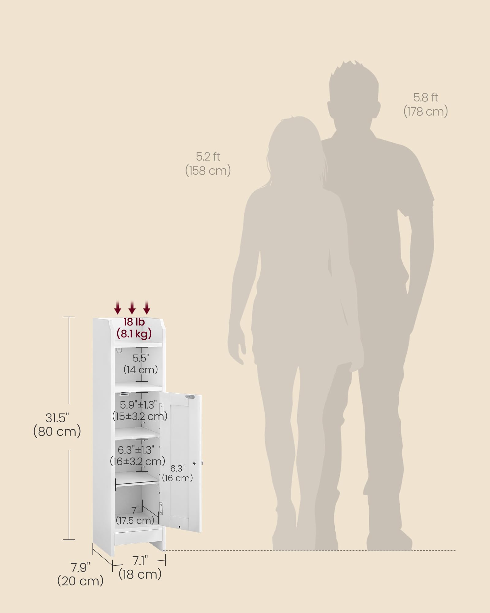 VASAGLE Slim Bathroom Floor Storage Cabinet - White, 80H cm, Adjustable Shelves | BBC310W01 3