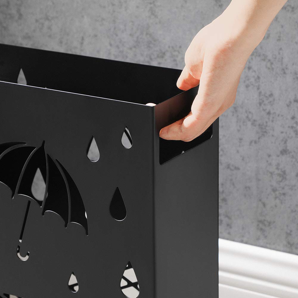 SONGMICS Metal Umbrella Stand - Rectangular Holder with 4 Hooks & Removable Drip Tray | Black 7