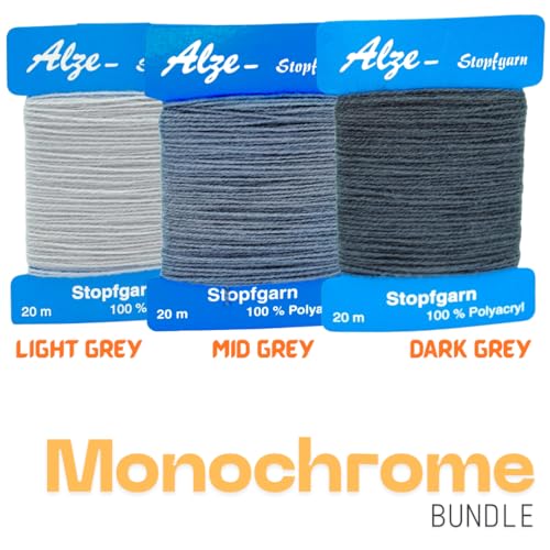 Trimz Darning Wool Bundle Monochrome - 3 x 20m Polyester Yarn for Mending | Light/Mid/Dark Grey