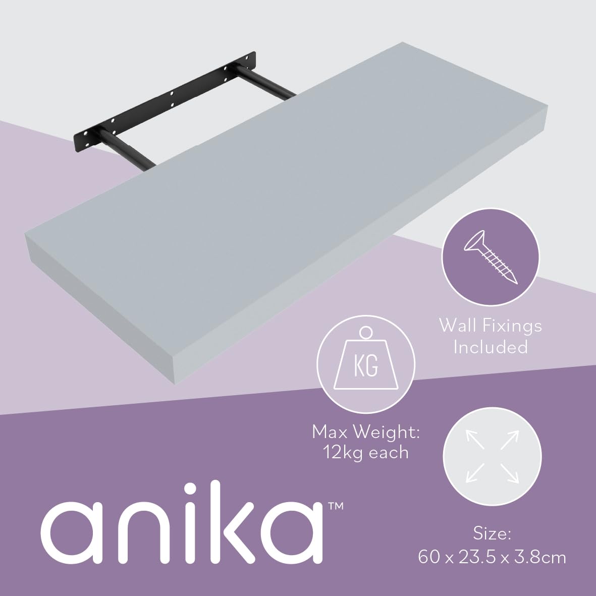 Anika Floating Shelf - Grey High Gloss Finish | 60cm x 23cm | 3.8cm Thick Hollowboard | Max Load 15KG 8