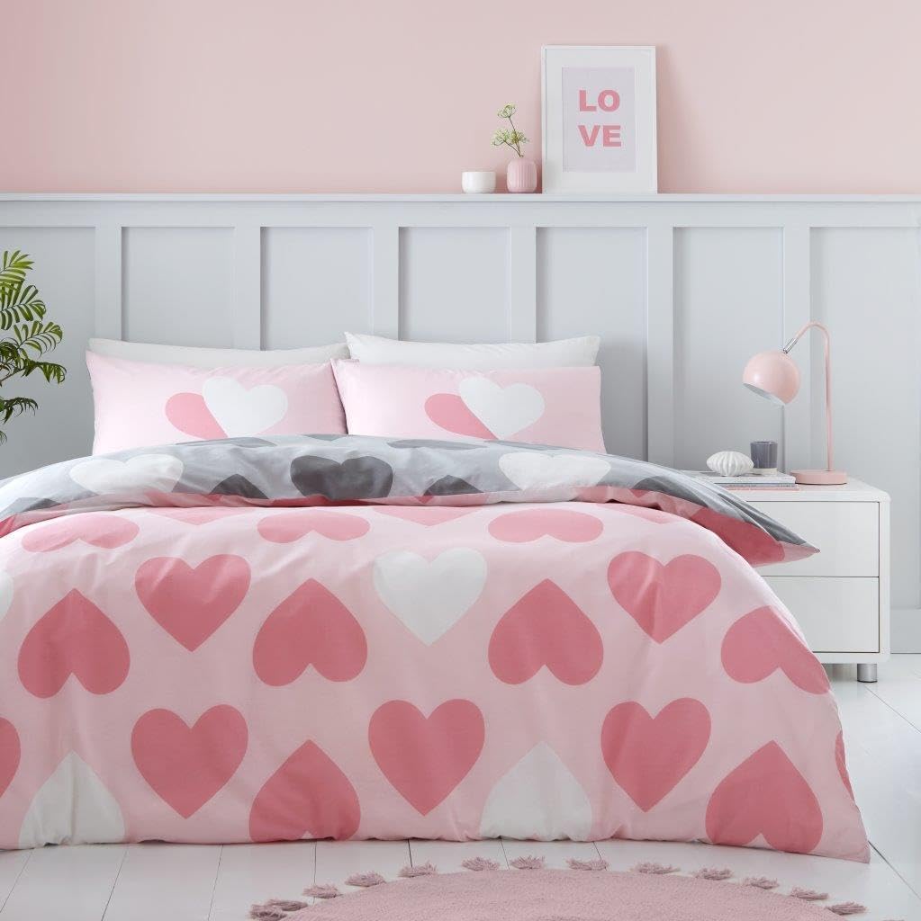 GC GAVENO CAVAILIA Heart Reversible Duvet Cover Set - King Size, Pink/Charcoal | 50% Cotton 1