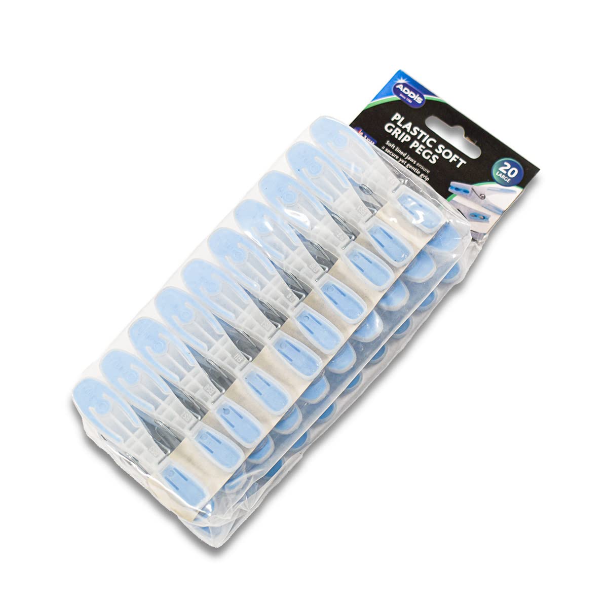 Addis Large Plastic Laundry Pegs - Soft Clip Design | Pack of 20 | Clear Blue