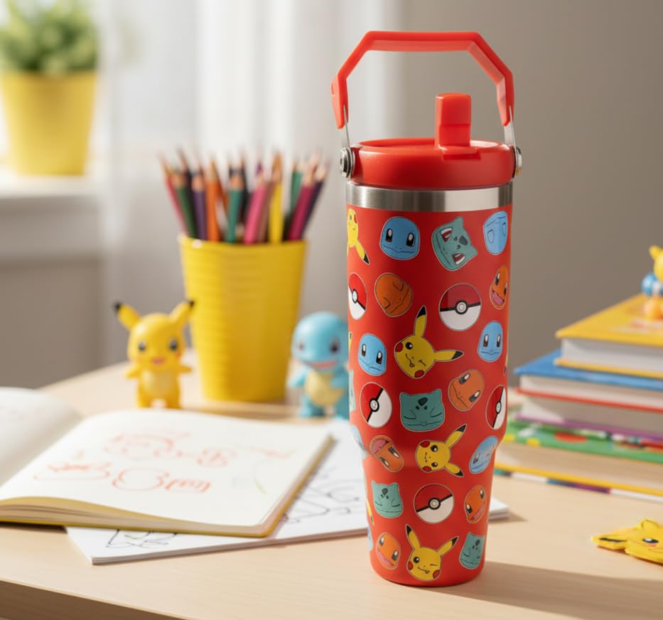 HOX Pokémon Stainless Steel Tumbler - 850ml Capacity | Keeps Cold 17 Hrs | Handle 6
