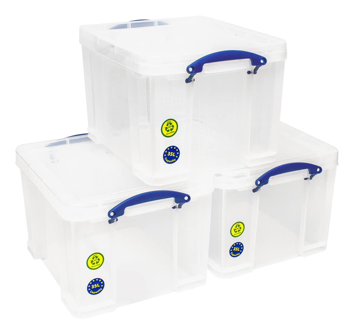 Really Useful Box Plastic Storage Box - 3 x 35 Litre Clear | Stackable | Secure Clip Handles 1