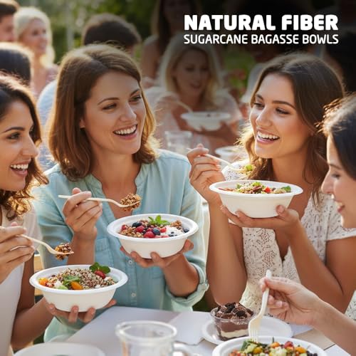 1ABOVE Compostable Bagasse Bowls - 50 Pack, 350ml (12oz) Eco-Friendly Disposable Soup & Salad Bowls 3