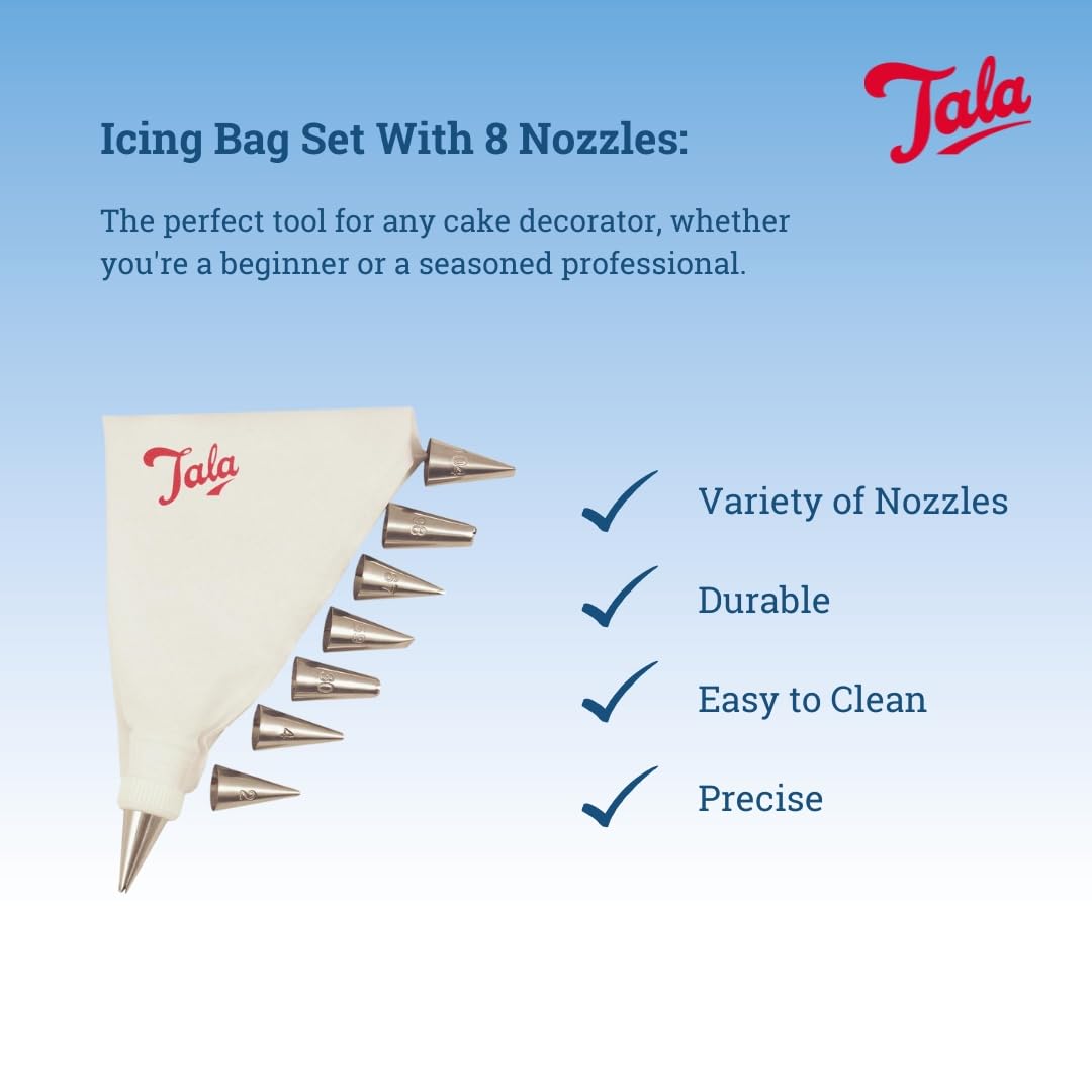 Tala Icing Bag Set with 8 Stainless Steel Piping Nozzles | Reusable Anti-Slip Bags | Easy Handwash Cleaning 2