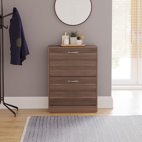 Vida Designs Wooden Shoe Cabinet - 2 Pull-Down Drawers | Slim Entryway Storage | Walnut 3