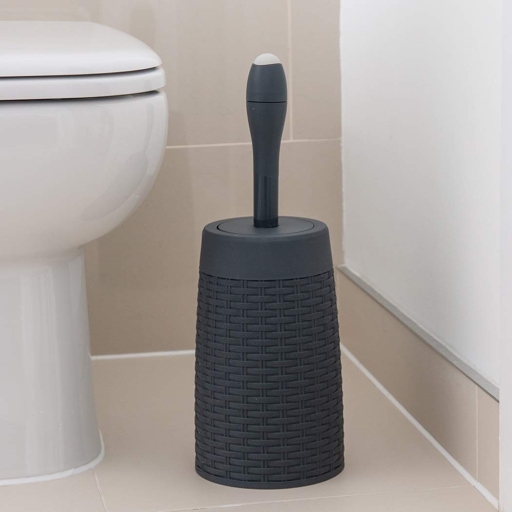 Addis Faux Rattan Round Toilet Brush Set with Detergent Injector | Charcoal Grey | 15 x 15 x 42 cm 2