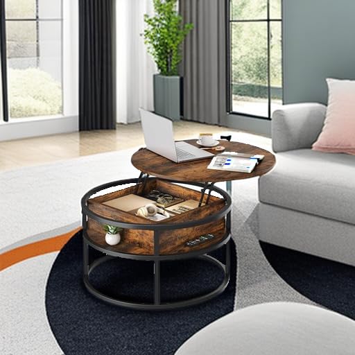 YITAHOME Round Lift Top Coffee Table - Storage, Modern Style, Brown | 80x80x47cm 5