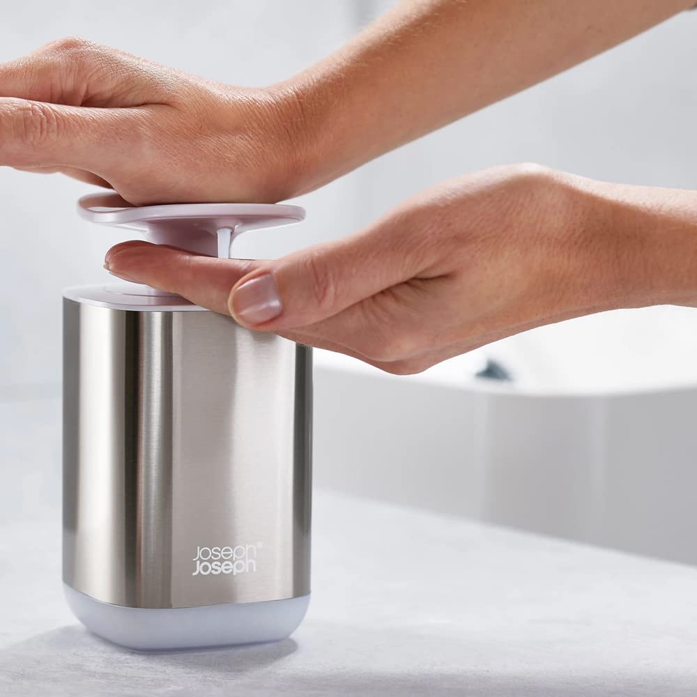 Joseph Joseph Presto Hygienic Soap Dispenser - Easy-Push Pump | Transparent Level Window | White/Stainless Steel 4