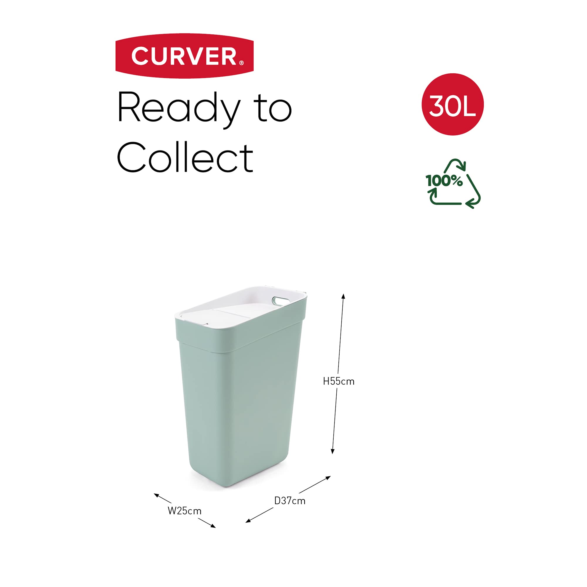 CURVER Ready to Collect 30L Indoor Recycling Bin | Stackable, Wall Mountable | Green/Light Grey Lid 6