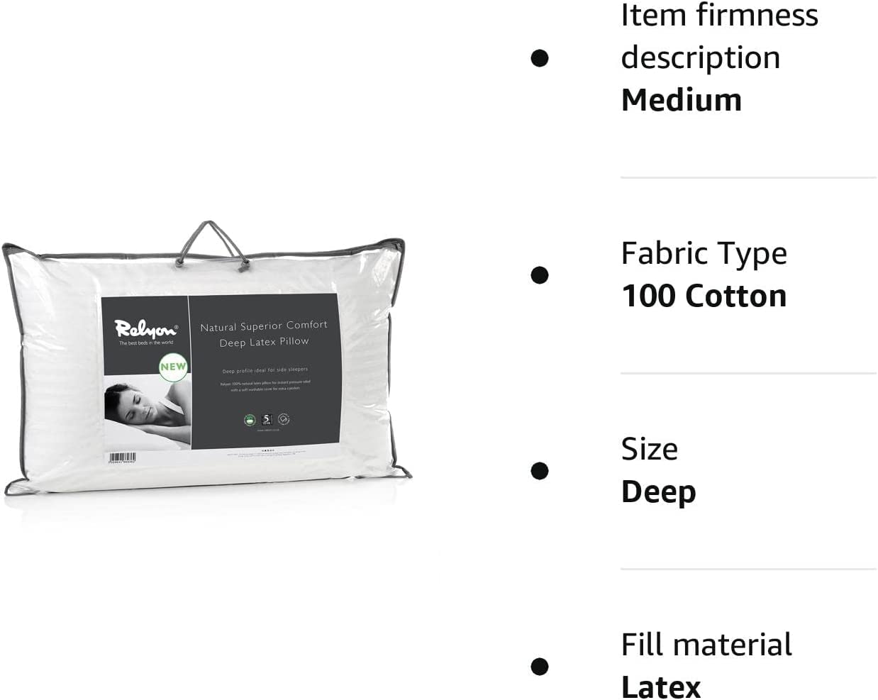 Relyon Superior Comfort Deep Latex Standard Pillow - 100% Natural Latex Fill | Washable Cotton Cover 3