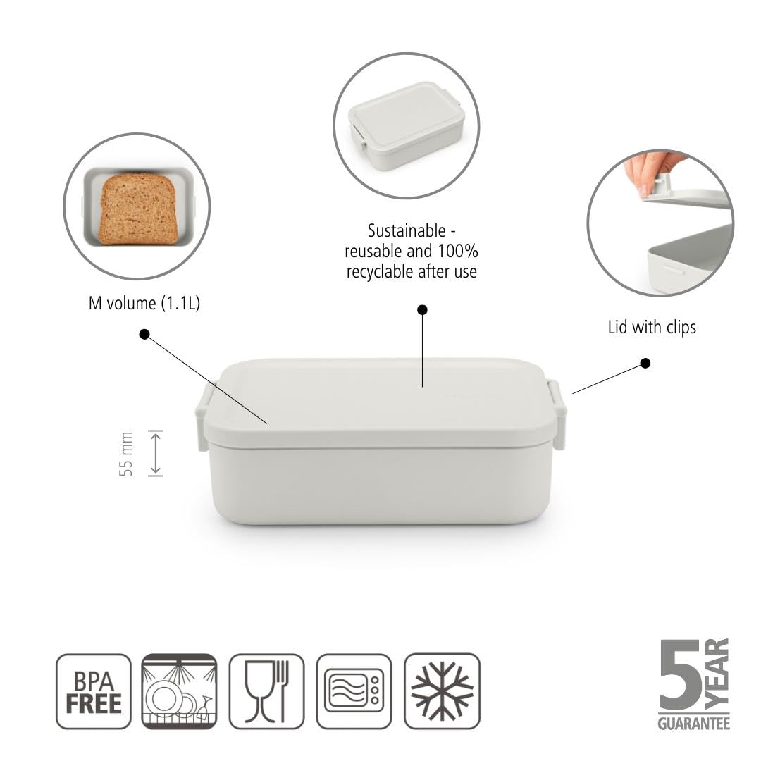 Brabantia Make & Take Lunch Box - 1.1L Medium | BPA-Free | Microwave & Freezer Safe | Light Grey 2