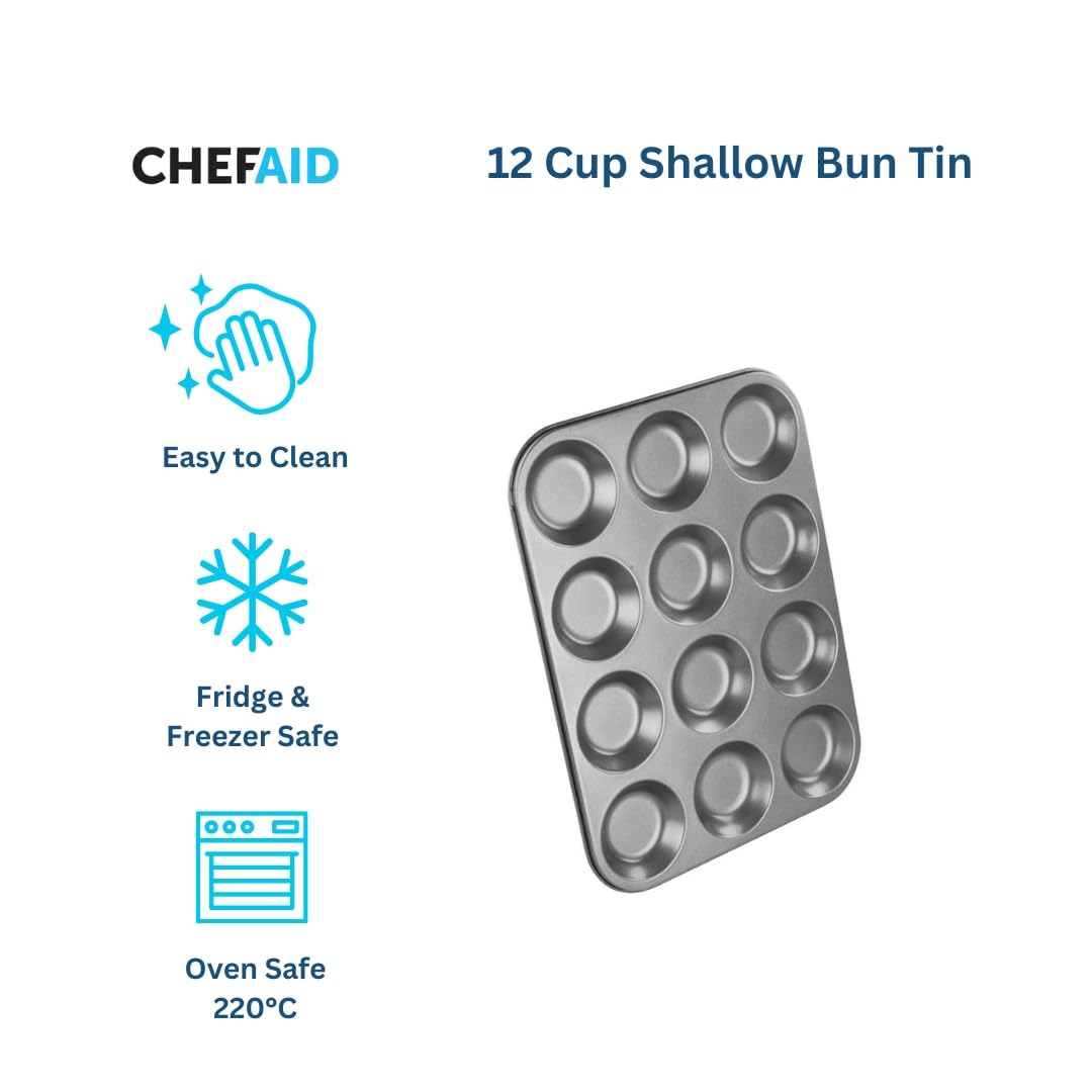Chef Aid Non-stick 12 Cup Shallow Bun Tin | Carbon Steel | Grey 3