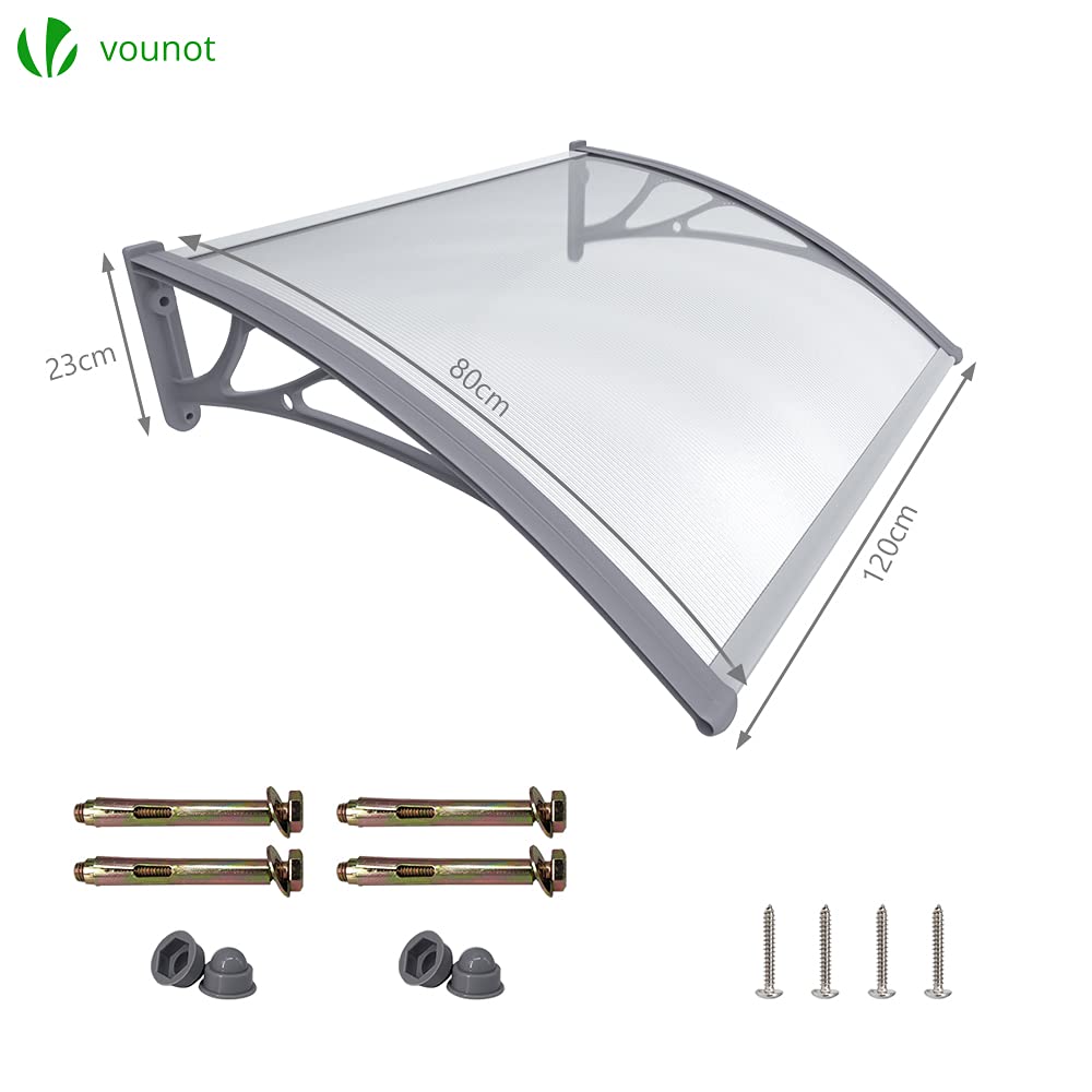 VOUNOT Outdoor Door Canopy Awning - 120x80 cm Grey Rain Shelter | Polycarbonate & Aluminum Frame 4