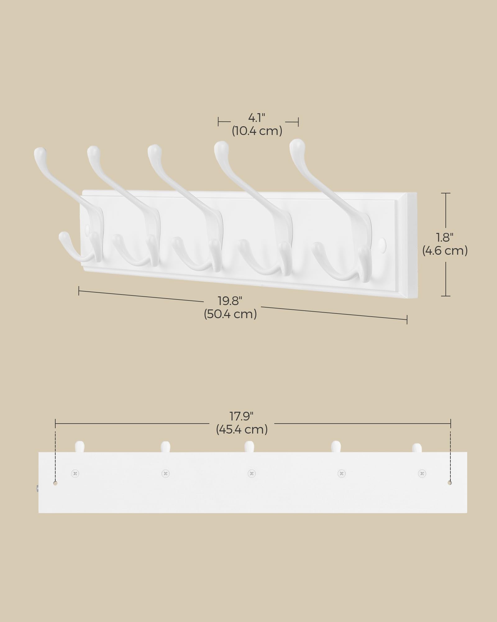 SONGMICS Wall-Mounted Coat Rack - 5 Metal Tri-Hooks, Cloud White | MDF & Zinc Alloy | 4kg Per Hook 6