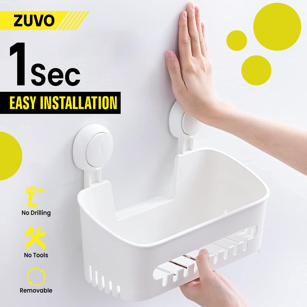 Zuvo No Drill Shower Caddy Basket with Suction Cups | Rustproof Plastic Organizer | White