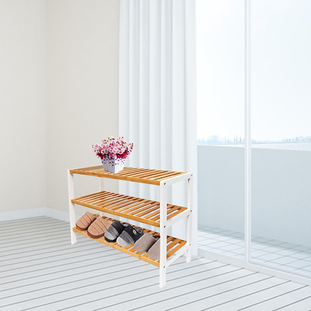 1ABOVE Bamboo Shoe Rack - 3 Tier Storage | White & Natural Wood | Portable | 70x55x25cm