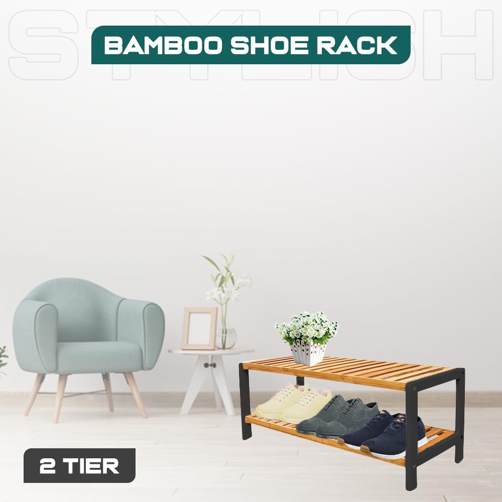 1ABOVE Bamboo Shoe Rack - 2 Tier, Compact Storage | 67cm Wide | Natural Finish 5