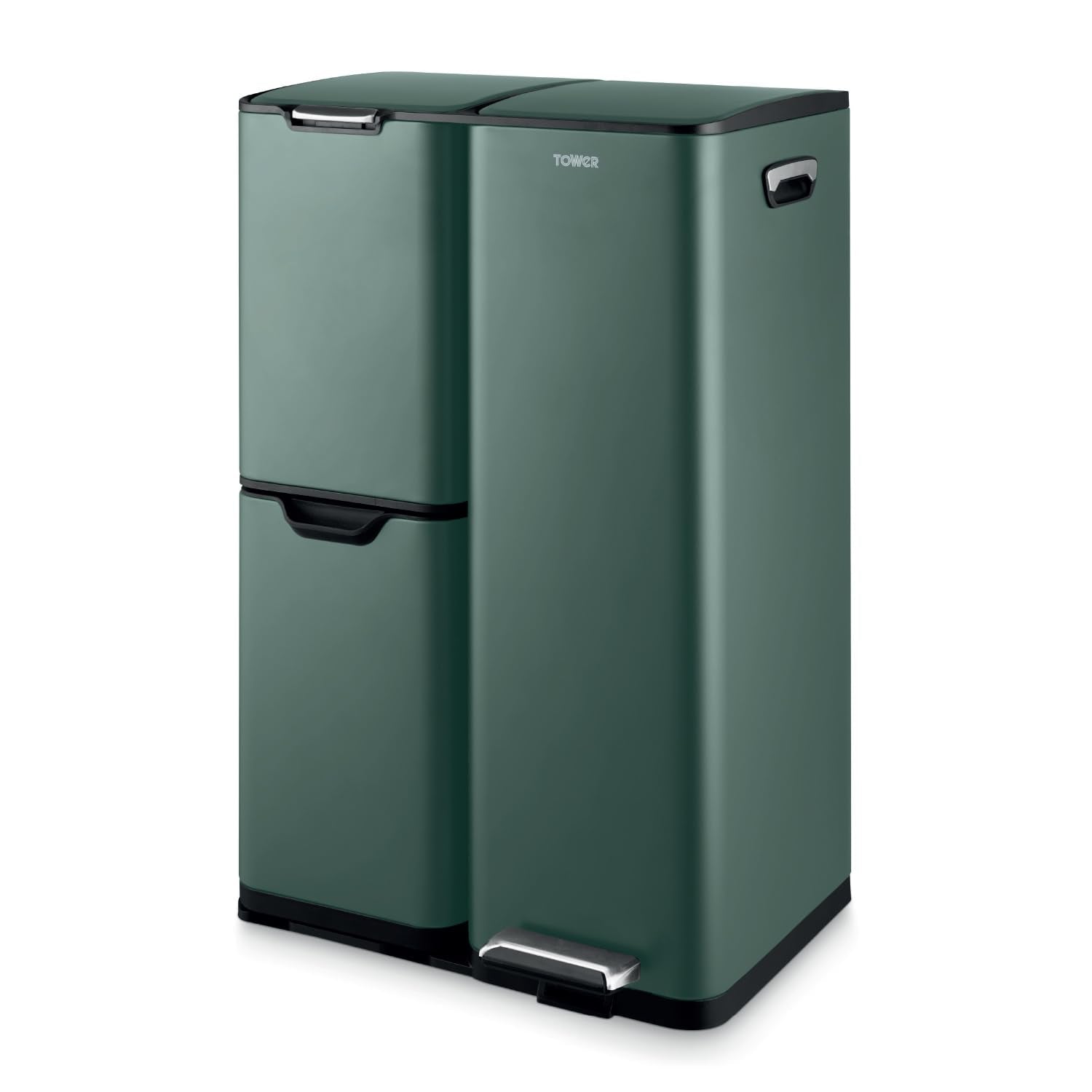Tower Recycling Pedal Bin - 60L Capacity | 3 Compartments | Carbon Steel | Forest Green 1