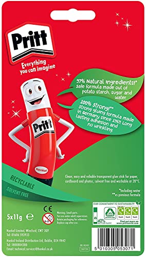 Pritt Glue Stick - 5 Pack (5x11g) | 97% Natural Ingredients | Solvent-Free & Washable 3