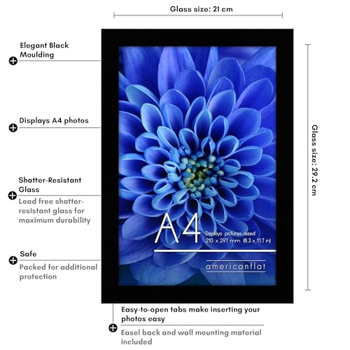 Americanflat A4 Picture Frame in Black - Engineered Wood with Shatter Resistant Glass | 21x29.7 cm 10