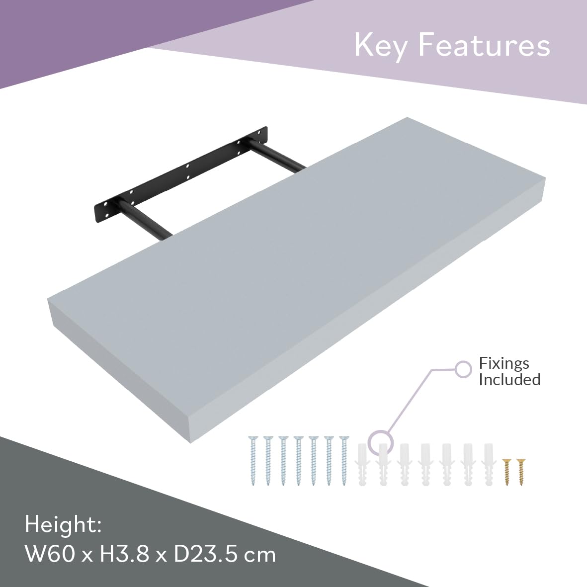 Anika Floating Shelf - Grey High Gloss Finish | 60cm x 23cm | 3.8cm Thick Hollowboard | Max Load 15KG 3
