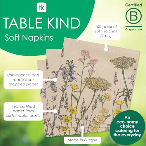 Talking Tables Table Kind Recycled Paper Napkins - 100 Pack, 2ply, 33cm Wildflower Floral 2