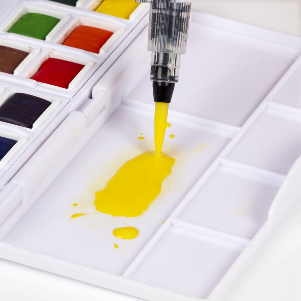 Derwent Watercolour Paint Pan Set - 12 Half Pans | Ultra-Smooth Finish | Includes Waterbrush 8