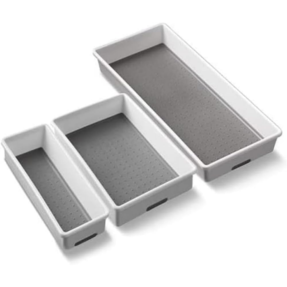 Addis Premium Tidy Drawer Storage Boxes - Set of 3 | White/Grey | Plastic