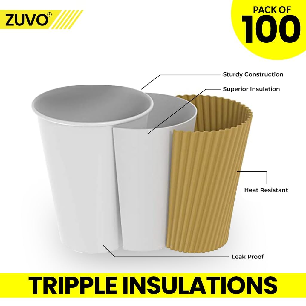 Zuvo 8 OZ Disposable Coffee Cups - 100 Pack | Brown Ripple Paper | Leak Proof 6