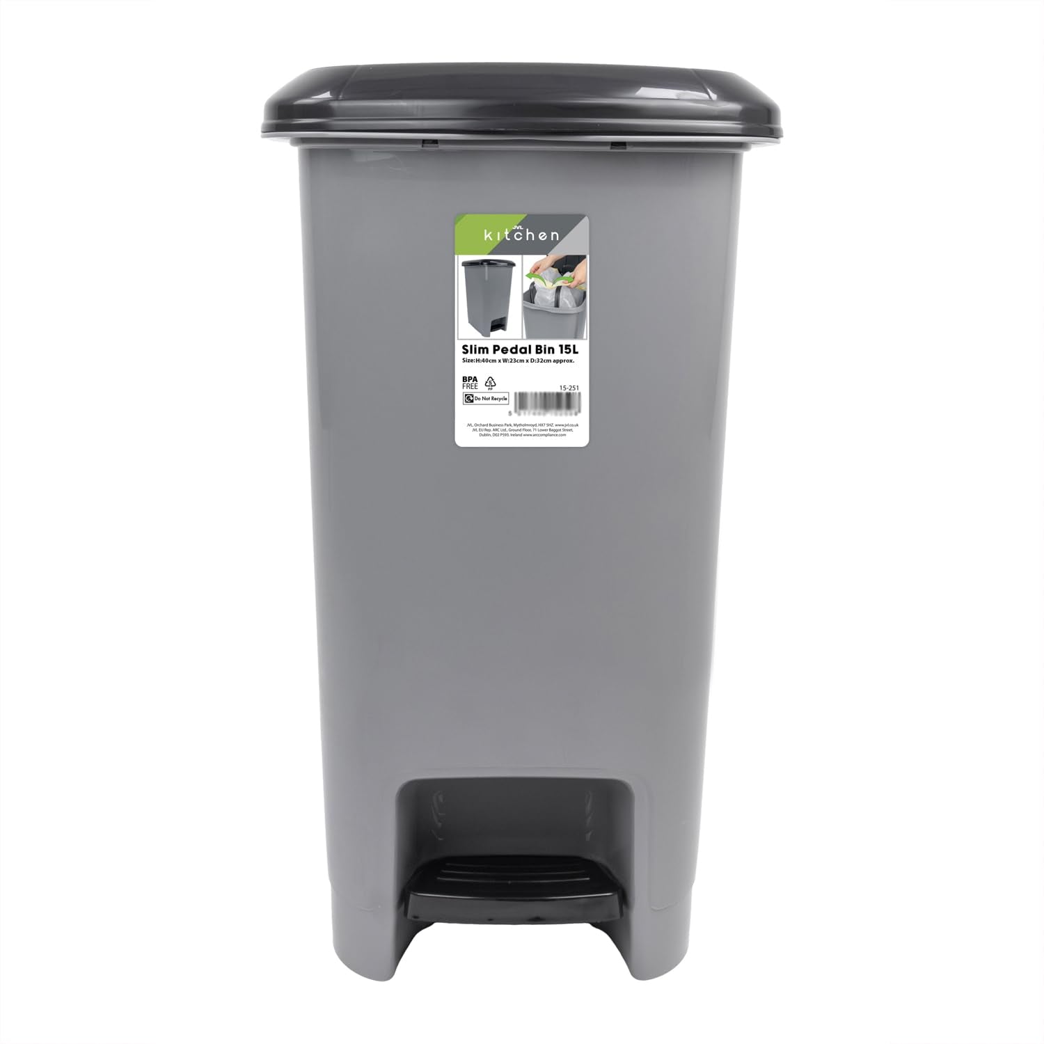JVL Slim Plastic Lidded Foot Pedal Waste Bin - 15L Capacity | Grey | BPA Free 1