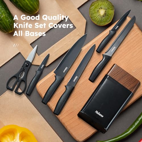 Yabano 7 Piece Kitchen Knife Set with Built-in Sharpener Block | Stainless Steel | Black 3