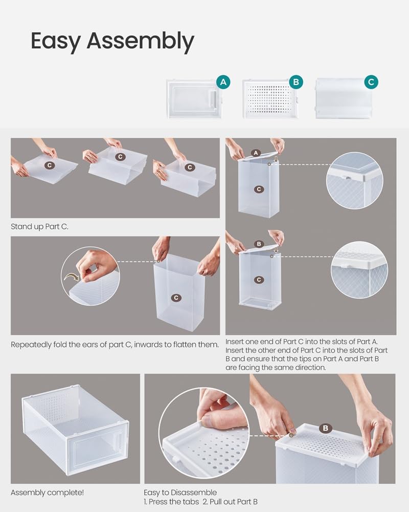 SONGMICS Shoe Boxes - Pack of 18 Stackable Organisers, Foldable, Transparent Body | Fits UK Size 9.5 8