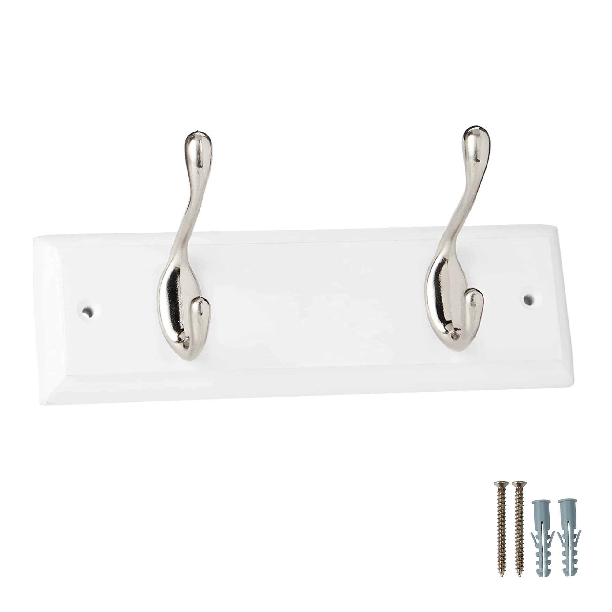 keypak 2-Hook Wall Mounted Coat Rack - White Engineered Wood Board | Satin Nickel Hooks | Fixings Included