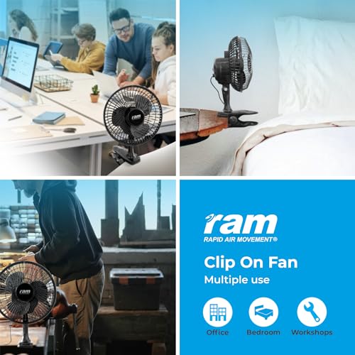 RAM Clip On Fan 15W 6 Inch Electric Desk Fan with 2 Speed Settings | Portable Black Plastic 2