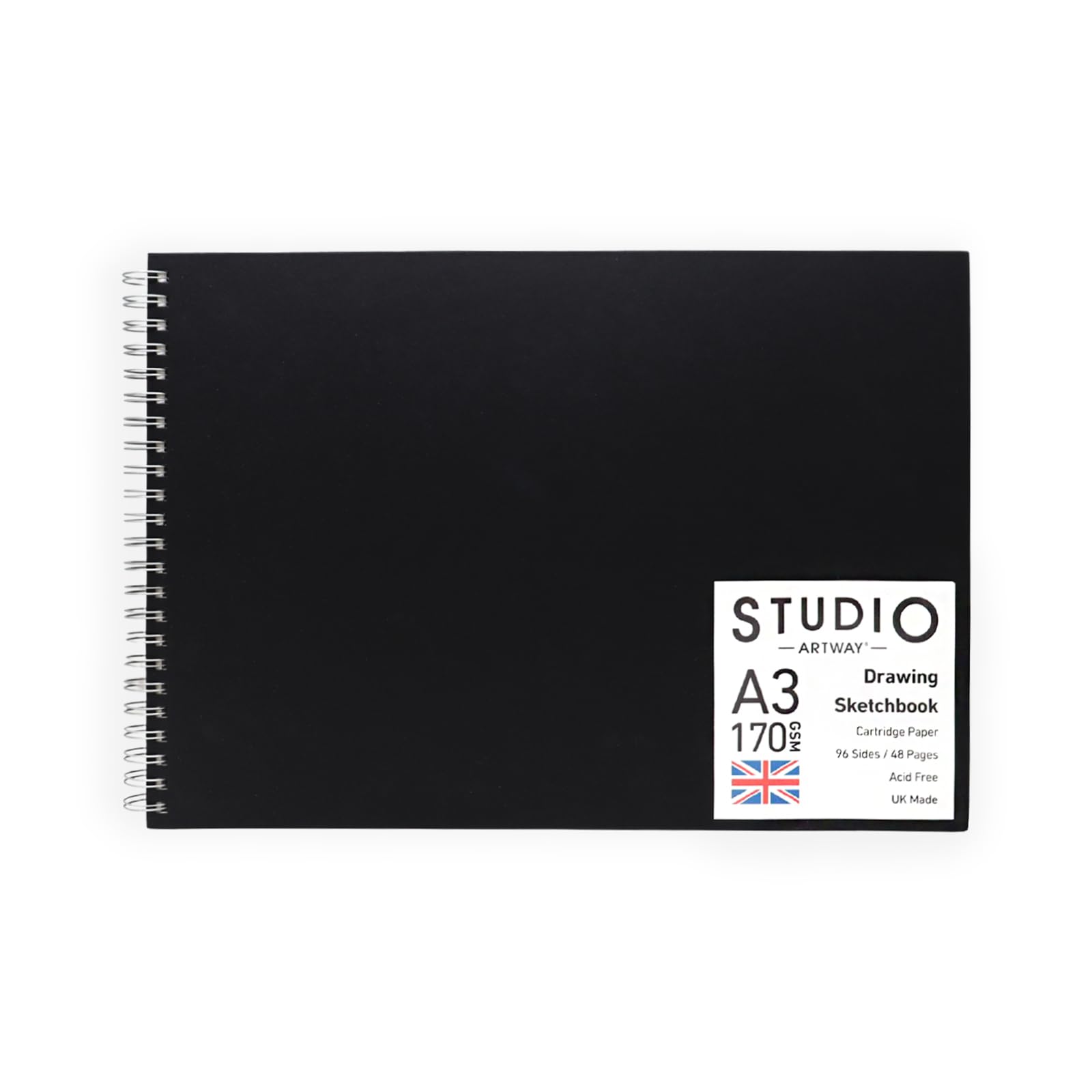 Artway Studio Sketchbook - A3 Landscape Spiral Bound | 170gsm Cartridge Paper | 48 Sheets | Black Hardback 1