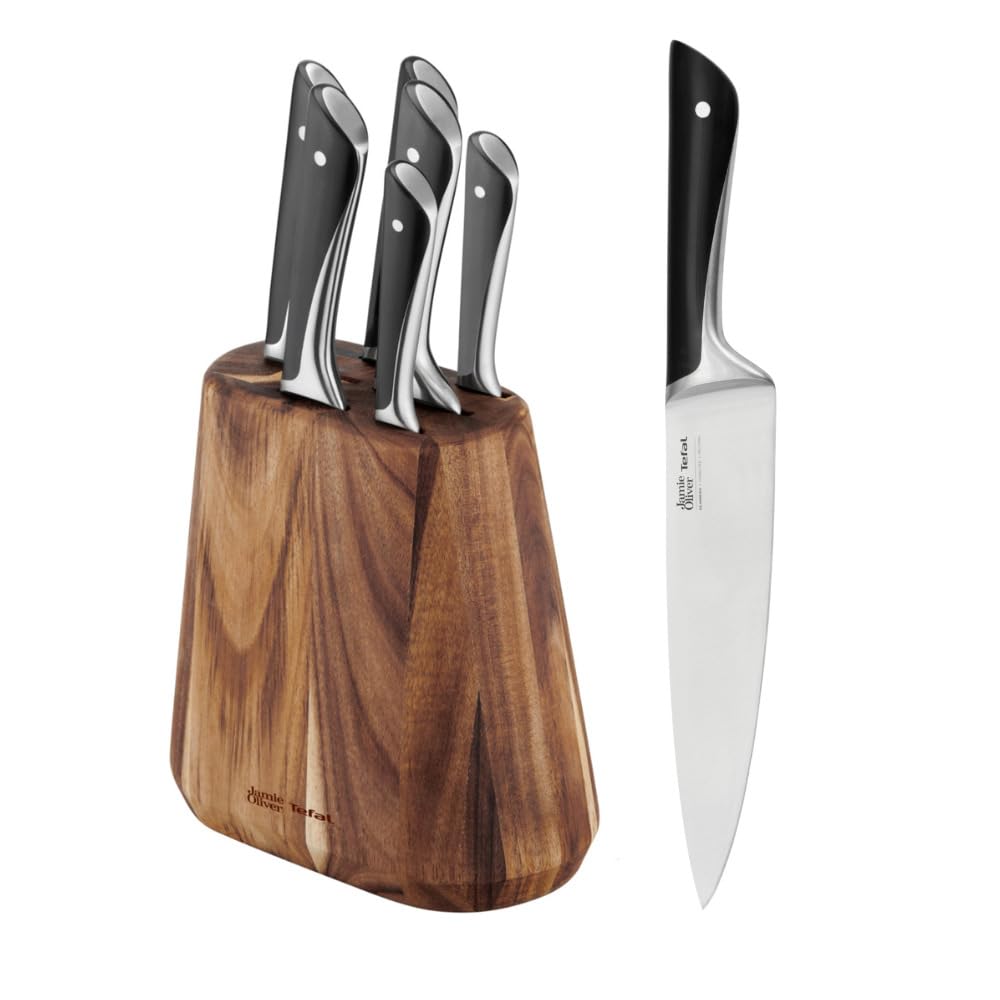 Tefal Jamie Oliver 6-Piece Kitchen Knife Set with Acacia Wood Block | German Stainless Steel