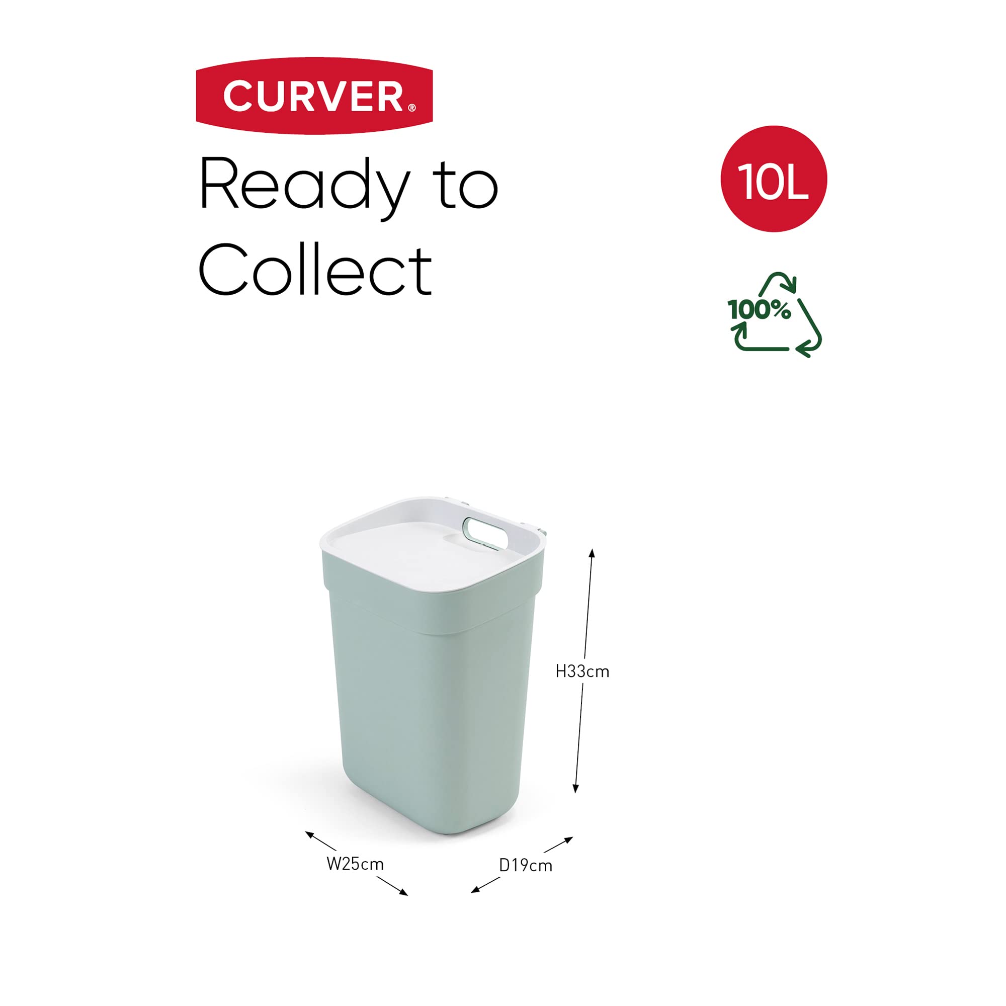 CURVER Ready to Collect 10L Kitchen Recycling Bin - Green with Light Grey Lid | 100% Recycled Plastic 6