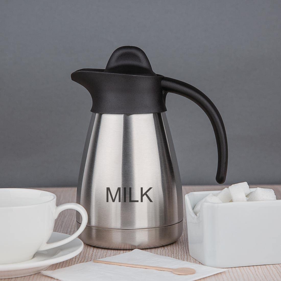 Olympia Etched Milk Vacuum Jug - 0.5L Capacity | Stainless Steel | Screw Top | Silver/Black 3