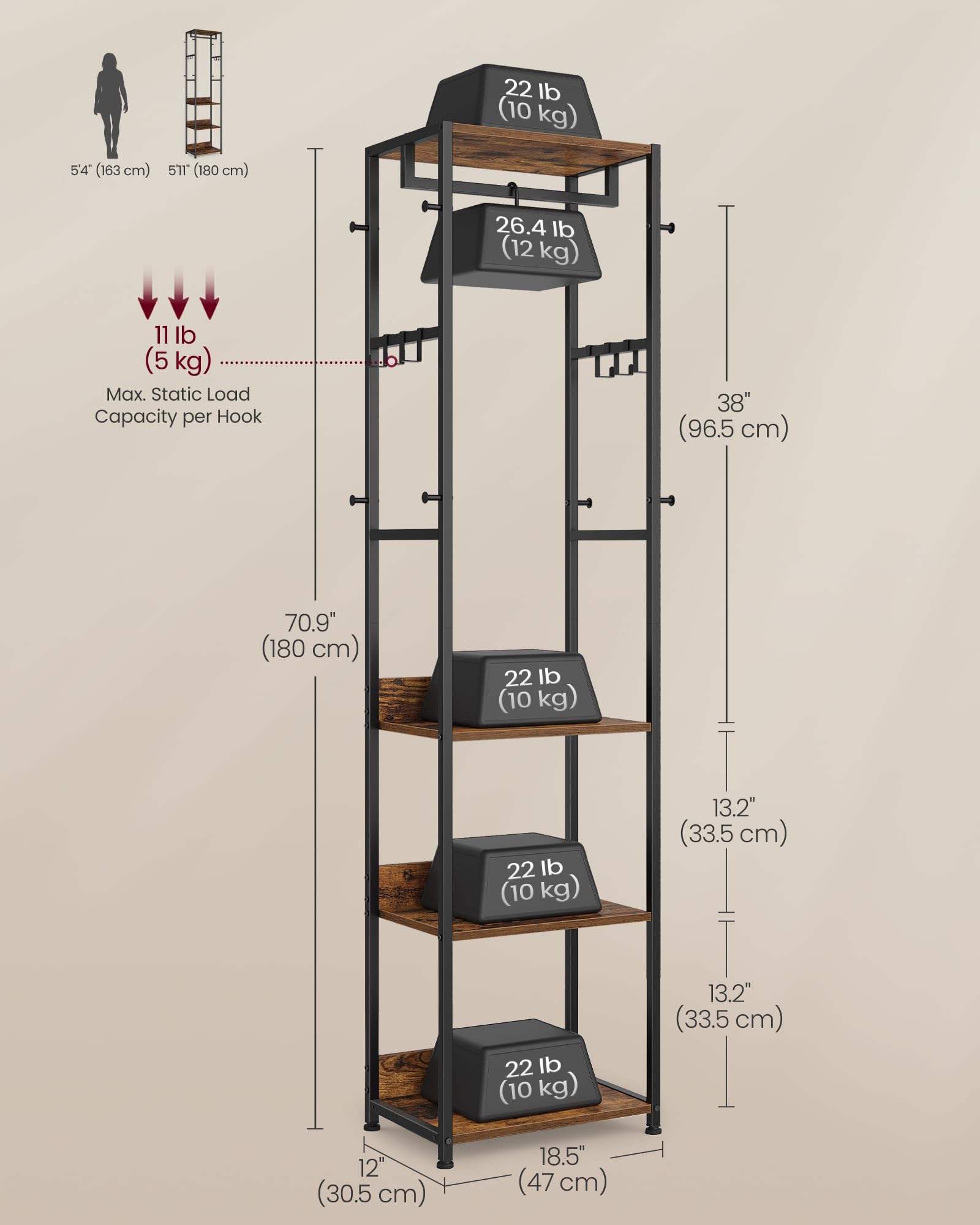 VASAGLE Clothes Rack Stand - Hanging Rail, 4 Shelves, Hooks | Ink Black + Rustic Brown 5