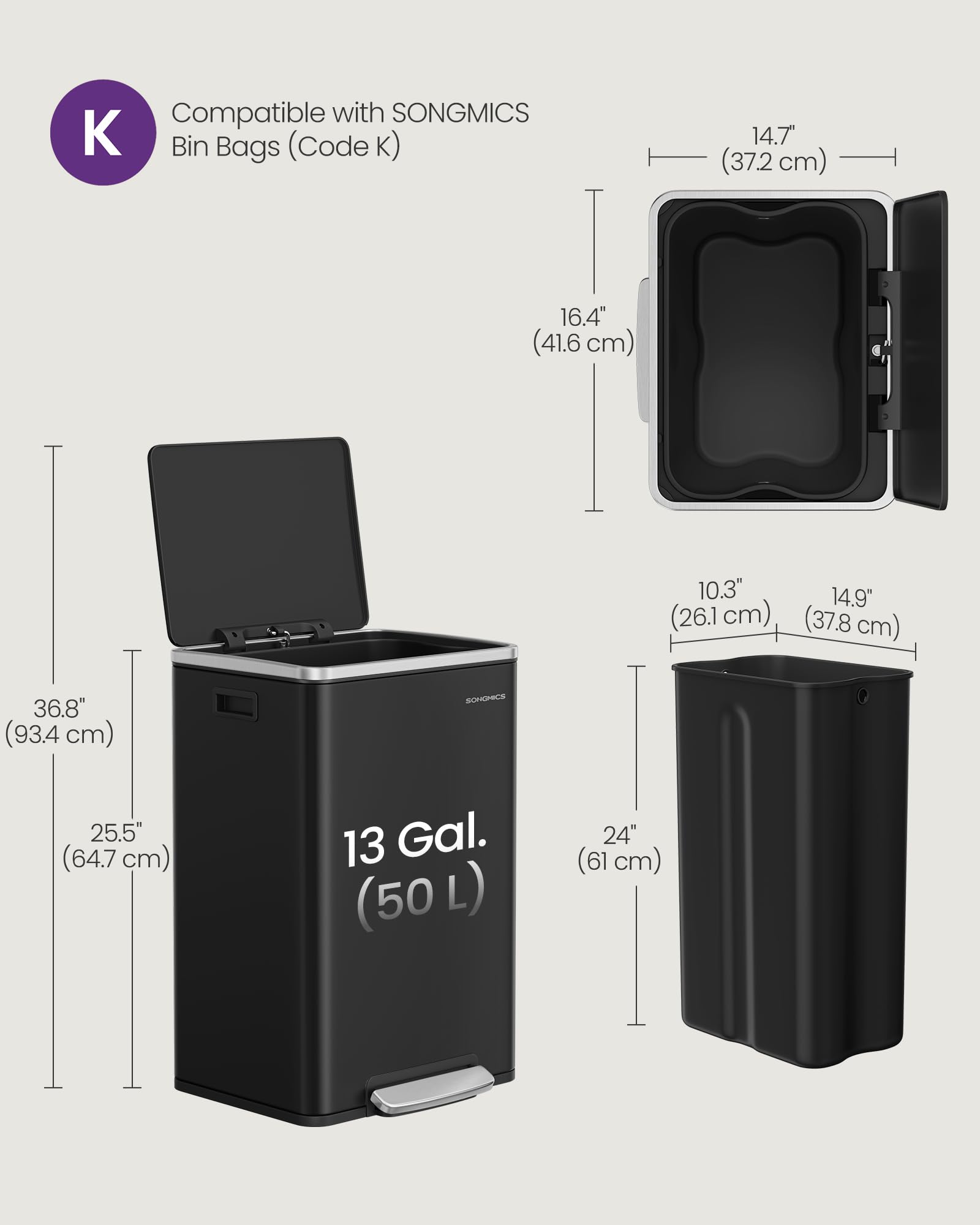 SONGMICS 50L Stainless Steel Kitchen Bin with Foot Pedal | Ink Black | Rust & Fingerprint Resistant 6