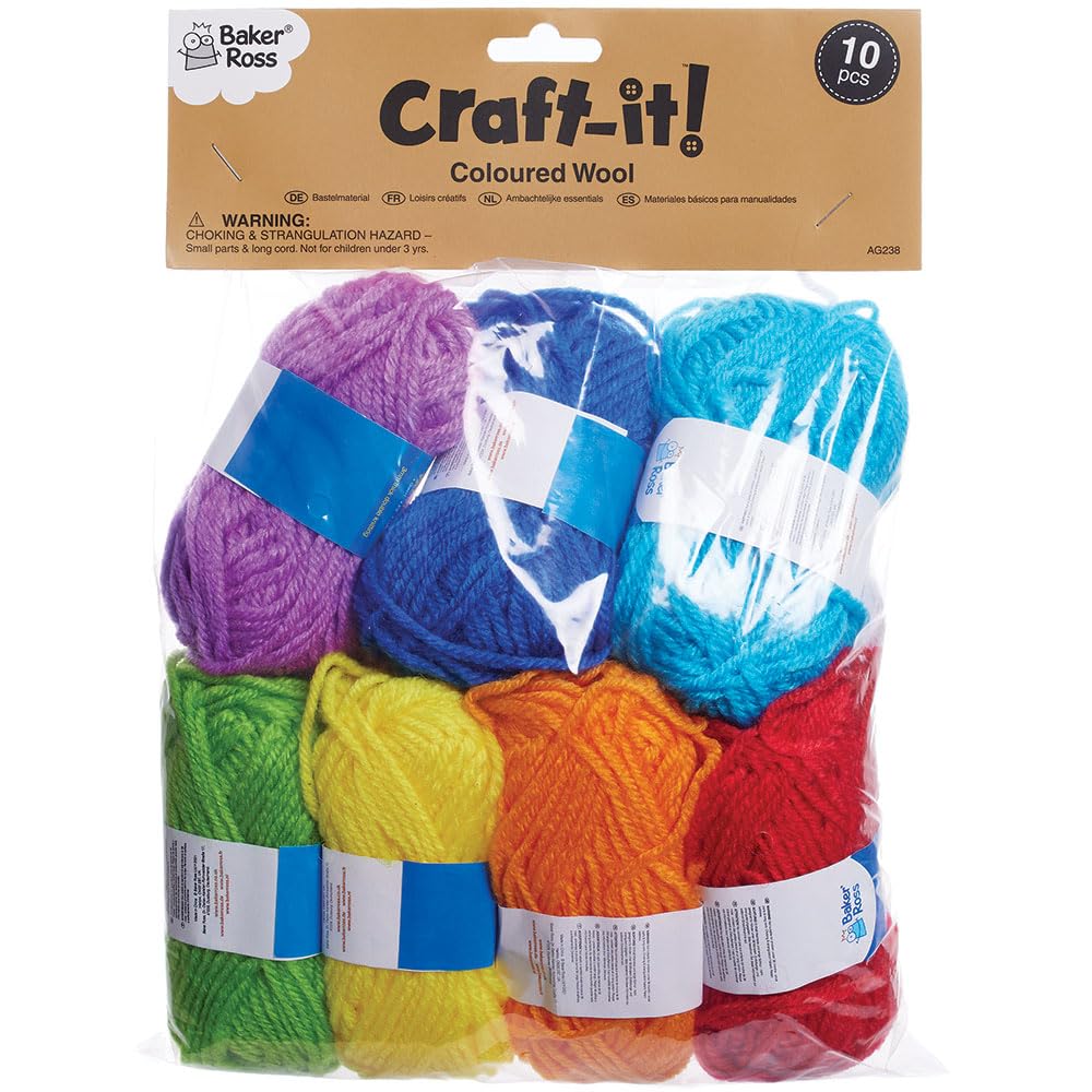 Baker Ross Coloured Wool Value Pack AG238 - 10 Assorted Colours, 10g Each | 3mm Double Knit 3