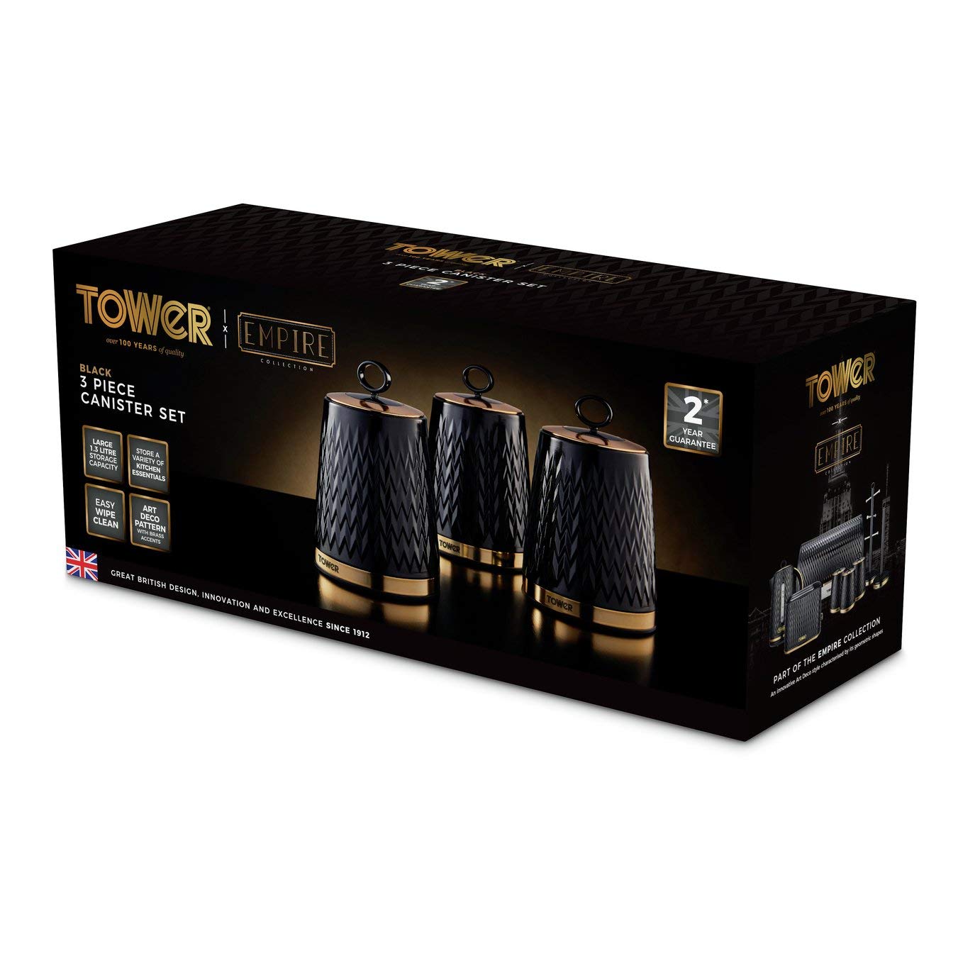 Tower Empire Set of 3 Storage Canisters for Tea Coffee Sugar | 1.3L Capacity | Black and Brass 9