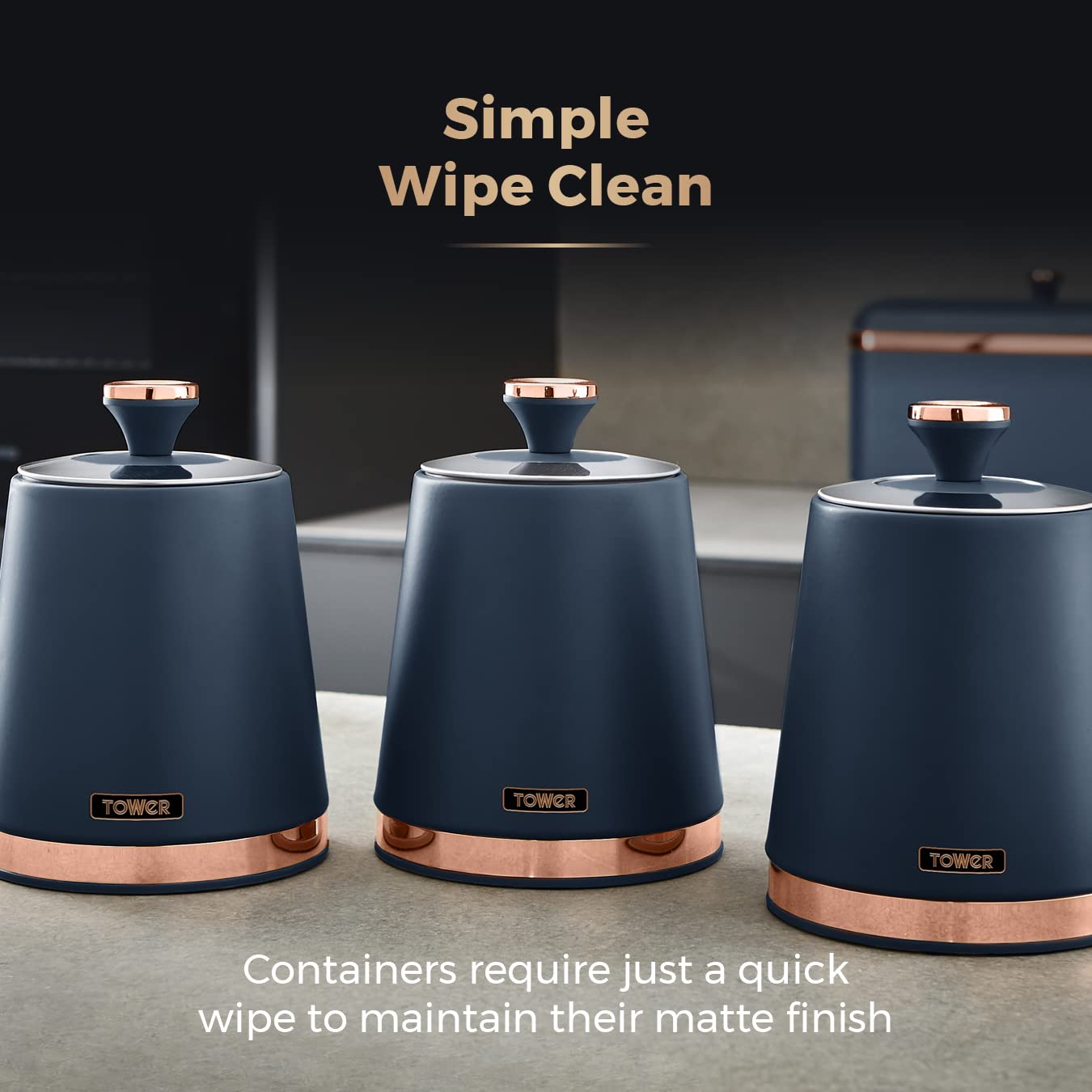 Tower Cavaletto Set of 3 Storage Canisters for Tea/Coffee/Sugar | 1.3L Capacity | Midnight Blue & Rose Gold 5