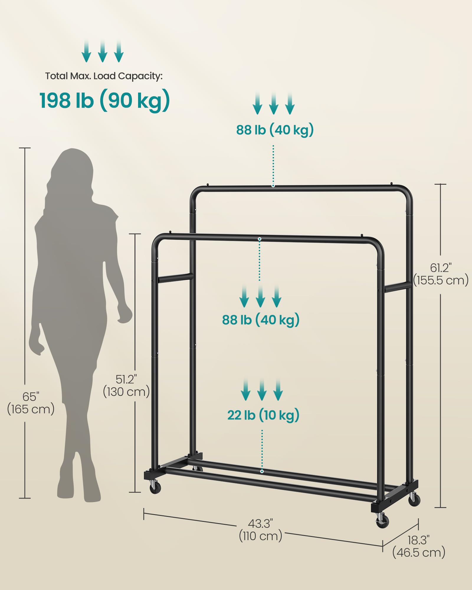 SONGMICS Clothes Rack on Wheels - 90kg Capacity, Ink Black | 110cm Wide Rails 5