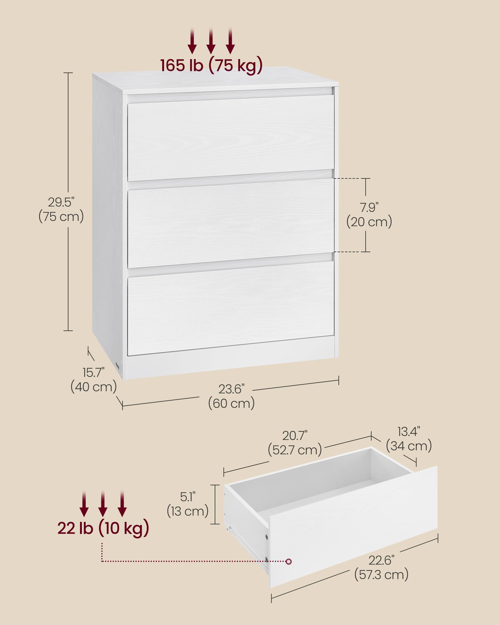 VASAGLE KAILYN Collection Chest of Drawers - 3 Drawers | Snow White | 40x60x75 cm 3
