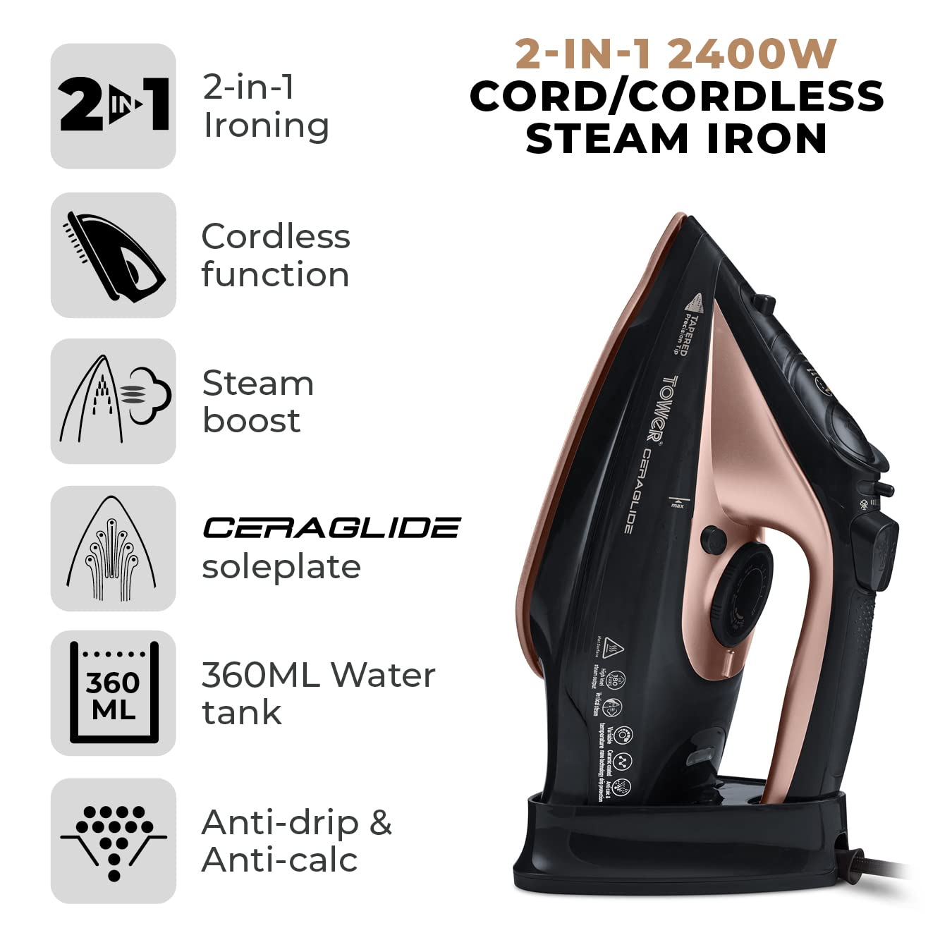 Tower T22008RG CeraGlide Cordless Steam Iron | 2400W Power | Ceramic Soleplate | Cord/Cordless 2