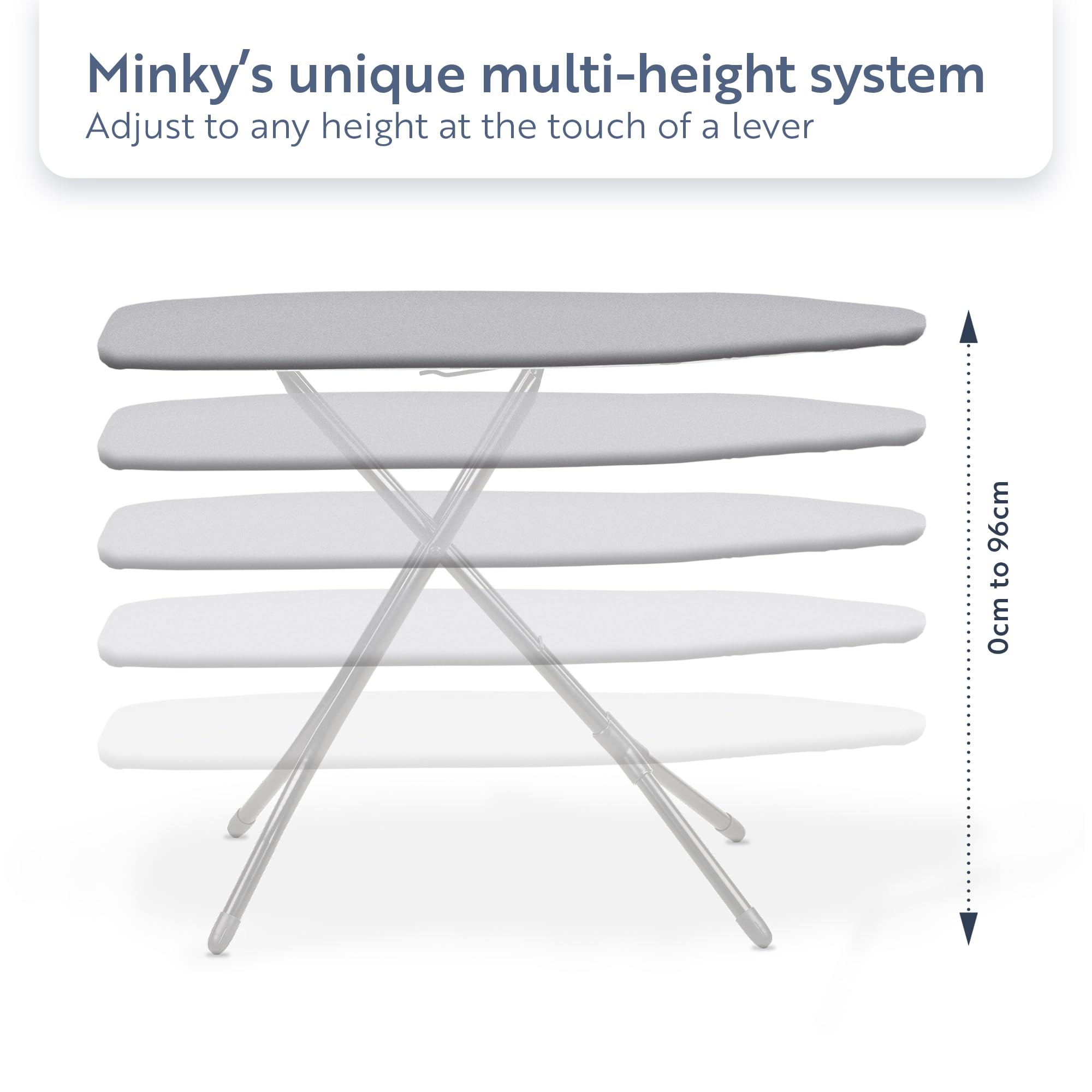 Minky Large Premium Ironing Board - 122 x 38cm Surface | Multi-Height up to 96cm | UK Made 6