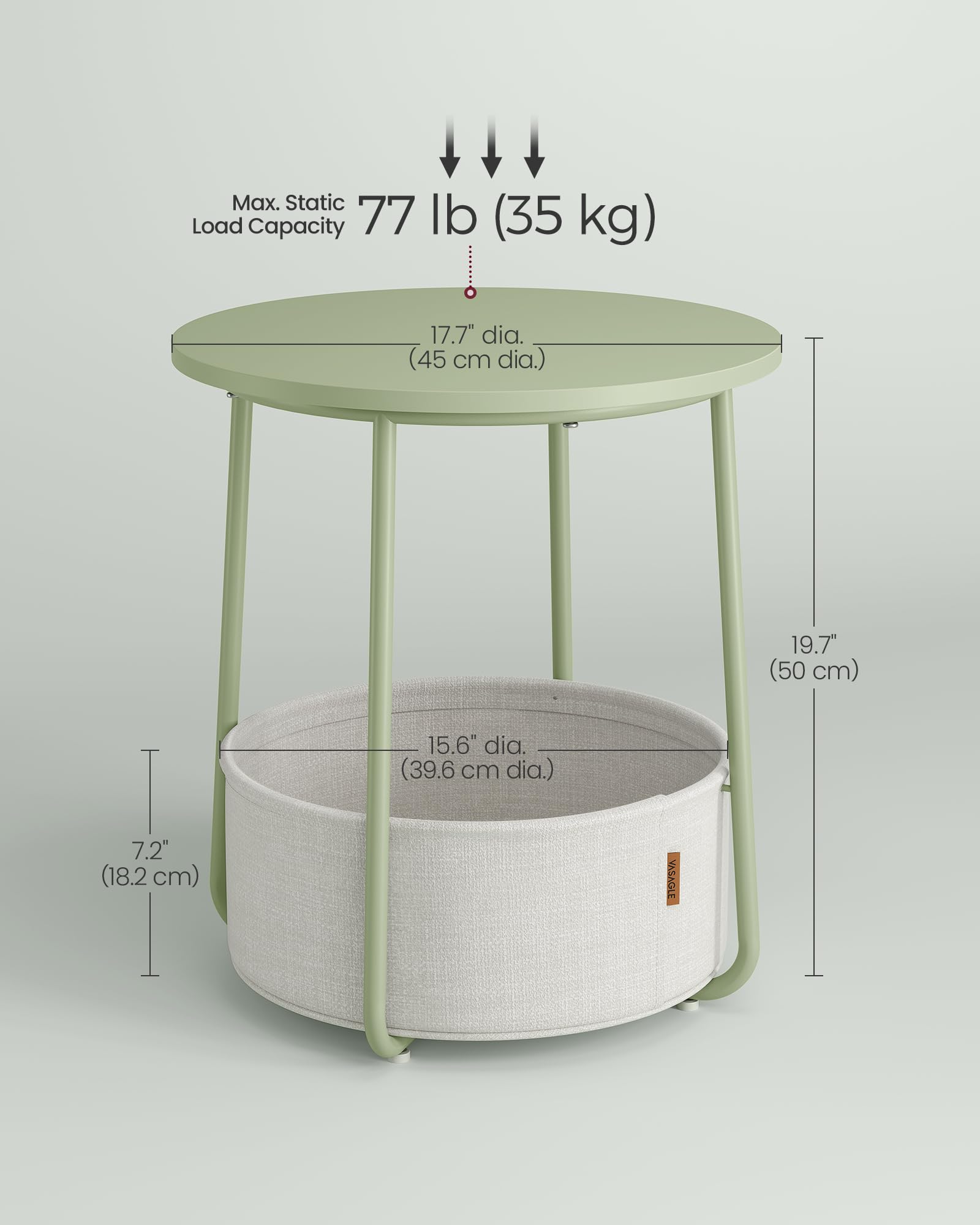 VASAGLE Round End Table with Fabric Basket | 45 x 50 cm | Laurel Green & Cream White 2